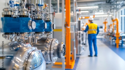 Close-up of industrial machinery with blue valves and pipes in a modern factory setting, with an engineer inspecting equipment in the background.