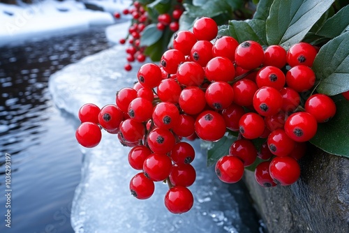 A Snowberry bush alongside a frozen stream, the icy water reflecting the bright berries photo