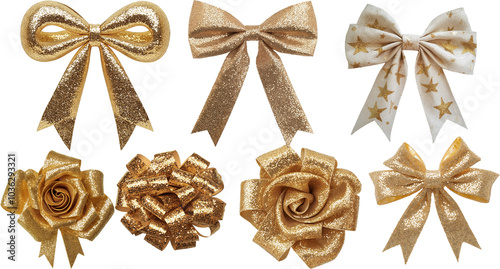 gold glitter gift bow ribbon isolated white background