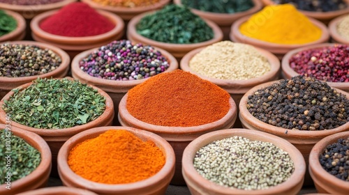 Vibrant assortment of spices in clay bowls at a market