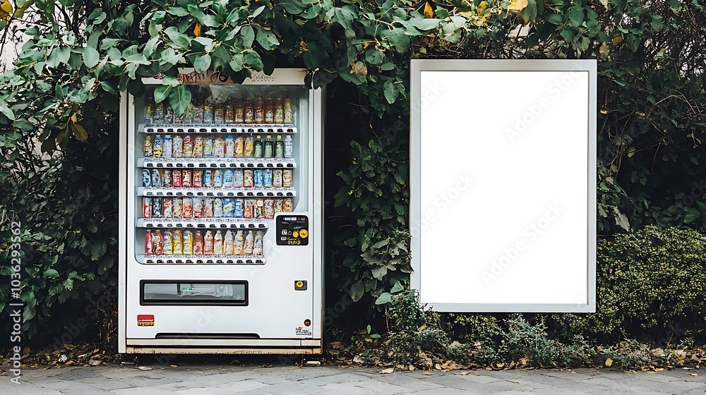 A large white poster next to a vending machine, positioned for visibility but left blank. A large white poster next to a vending machine, positioned for visibility but left blank.