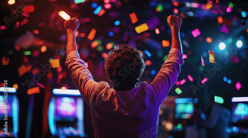 view from behind of joyous happy man celebrating winning at casino slots confetti joyful won celebration lottery prize money celebrate a win dark neon lights screens backdrop