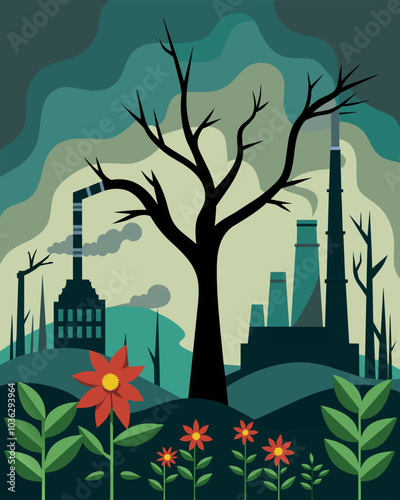 Barren trees and wilted flowers surrounding factories bearing the brunt of the excessive air and water pollution.. Vector illustration