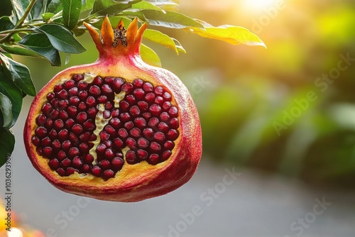 A close-up of Punica Protopunica (Socotran Pomegranate) fruit hanging from its branch, with the rough, textured skin and a glimpse of the seeds inside photo