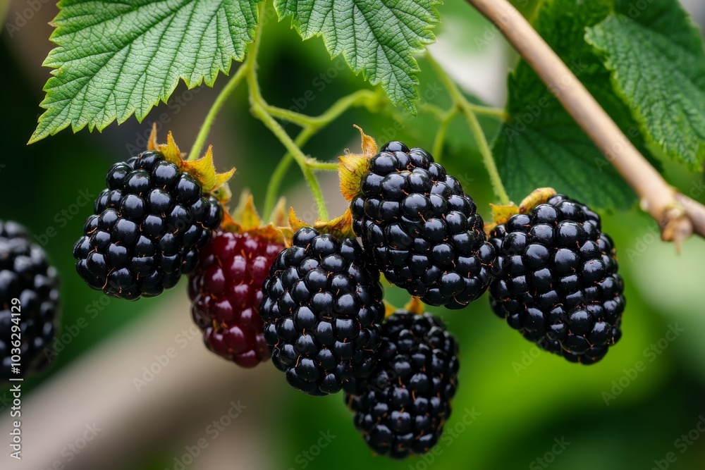 A close-up of ripe Blackberries (Rubus Fruticosus) hanging from a branch, with glistening, deep purple berries and vibrant green leaves A close-up of ripe Blackberries (Rubus Fruticosus) hanging from a branch, with glistening, deep purple berries and vibrant green leaves