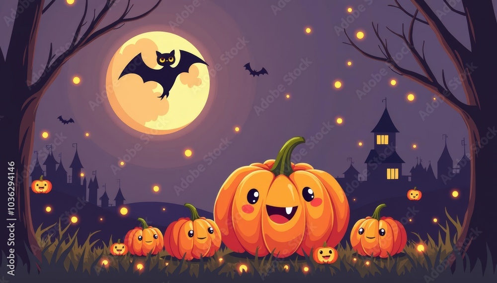 Spooky Halloween night with glowing jackolanterns and bats under a full moon Spooky Halloween night with glowing jackolanterns and bats under a full moon