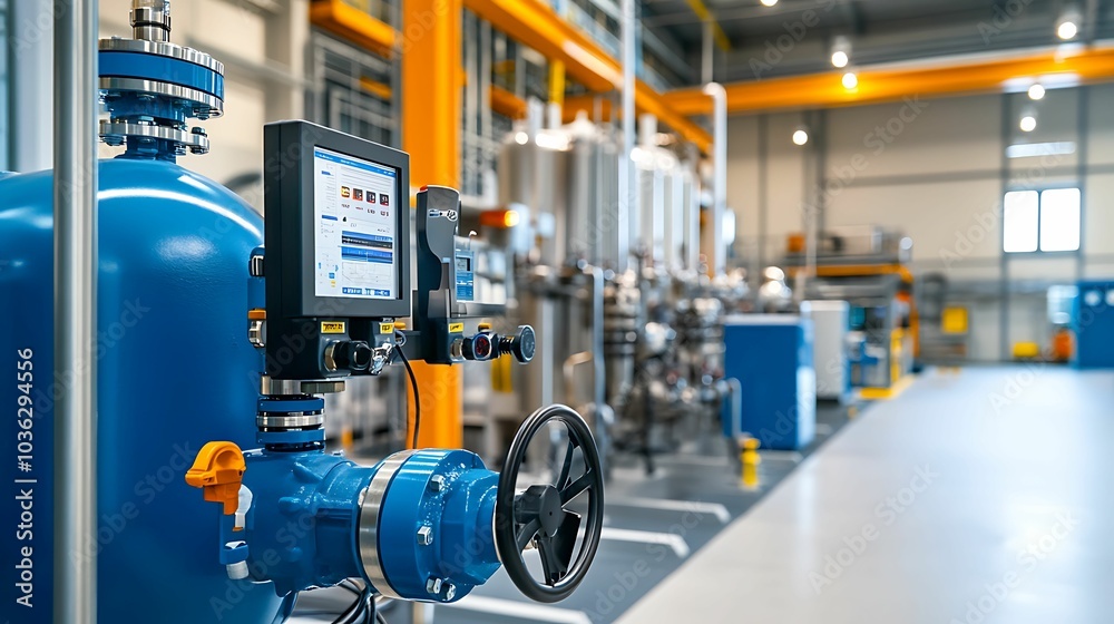Close-up of an advanced control panel and valve system in a modern manufacturing facility, showcasing automated technology and industrial equipment. Close-up of an advanced control panel and valve system in a modern manufacturing facility, showcasing automated technology and industrial equipment.