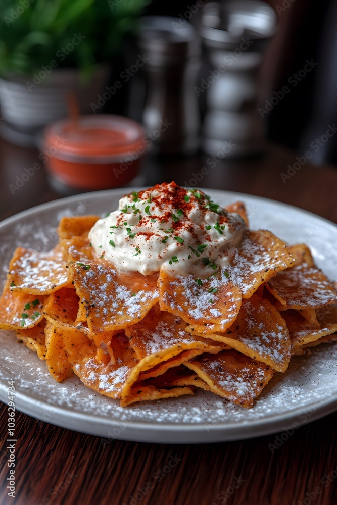 A plate of nachos topped with sour cream and spices, served with a side of salsa. A plate of nachos topped with sour cream and spices, served with a side of salsa.