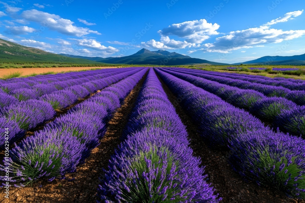 Fototapeta premium A field of Lavandula (Lavender) in full bloom, with rows of purple flowers stretching into the horizon under a bright blue sky