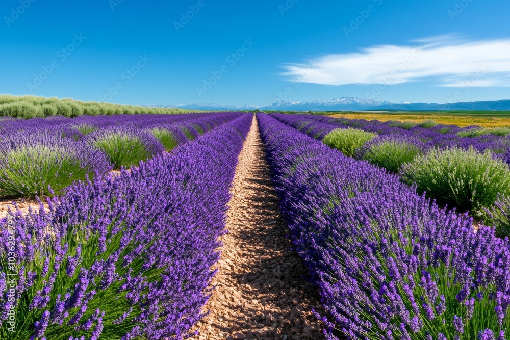 Fototapeta premium A field of Lavandula (Lavender) in full bloom, with rows of purple flowers stretching into the horizon under a bright blue sky