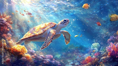 Vibrant Sea Turtle Swimming in Lush Coral Reef