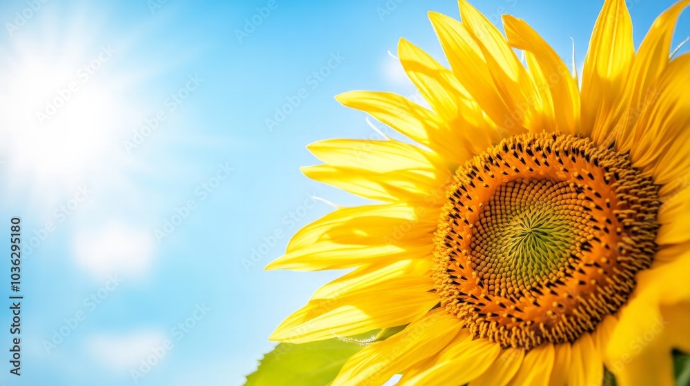 Obraz premium Close-up of a sunflower with a clear blue sky background, bright yellow petals, a symbol of summer and happiness