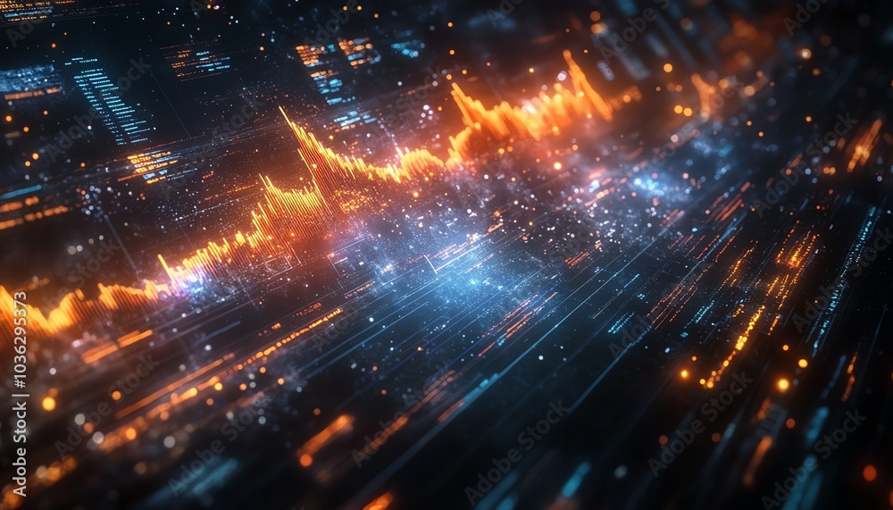 Holographic 3D financial visualization with charts and graphs, dark space backdrop, radiant data streams and market indicators for global economics Holographic 3D financial visualization with charts and graphs, dark space backdrop, radiant data streams and market indicators for global economics