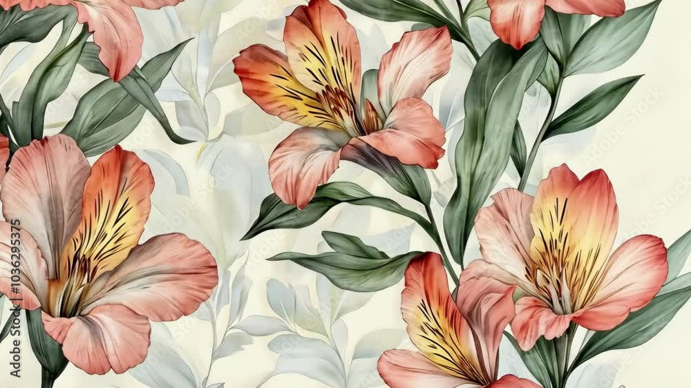 A close-up of vibrant pink flowers with yellow centers, surrounded by green leaves, captured in a watercolor style A close-up of vibrant pink flowers with yellow centers, surrounded by green leaves, captured in a watercolor style