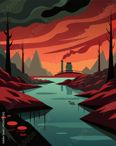 An eerie silence hangs over the reservoir now devoid of natural life due to the high levels of toxic chemicals within it.. Vector illustration