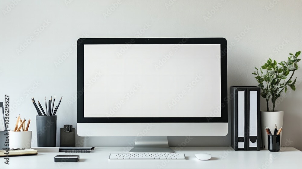 Modern workspace with a computer and office supplies, clean and organized, a place for creativity and productivity