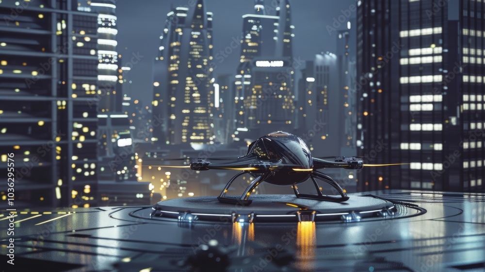 A futuristic drone taxi landing on a rooftop helipad in a modern cityscape at dusk, Urban setting with illuminated skyscrapers and urban lights, Photo of A futuristic drone taxi landing on a rooftop helipad in a modern cityscape at dusk, Urban setting with illuminated skyscrapers and urban lights, Photo of