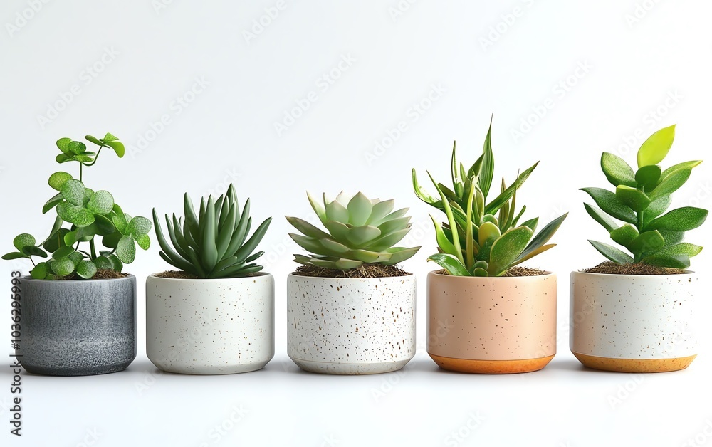 Minimalist aesthetic with a modern botanical collection of ceramic planters housing vibrant succulents and leafy plants, arranged on a pristine white background Minimalist aesthetic with a modern botanical collection of ceramic planters housing vibrant succulents and leafy plants, arranged on a pristine white background