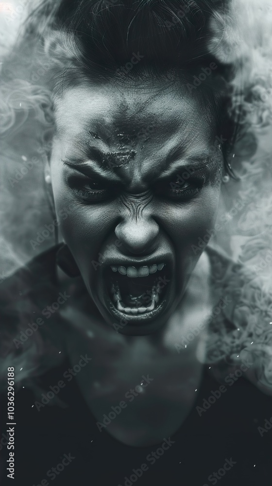 Woman's Face Screaming in Smoke: A Dramatic Black and White Portrait