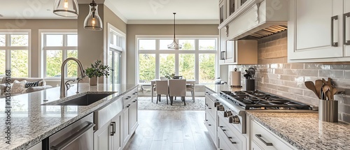 Sleek and modern kitchen interior featuring a stainless steel sink and designer faucet, set in a minimalist design with clean lines and neutral hues photo