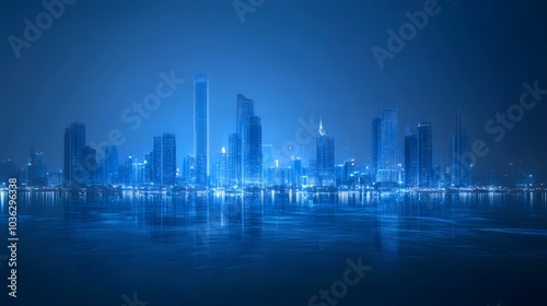 Xiamen blue tone skyline synthesized by particle lines. 