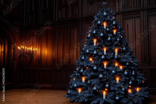 A gothic-style Christmas tree with dark, ornate decorations, glowing softly in a candlelit room, with a sense of unity in the symbolism photo