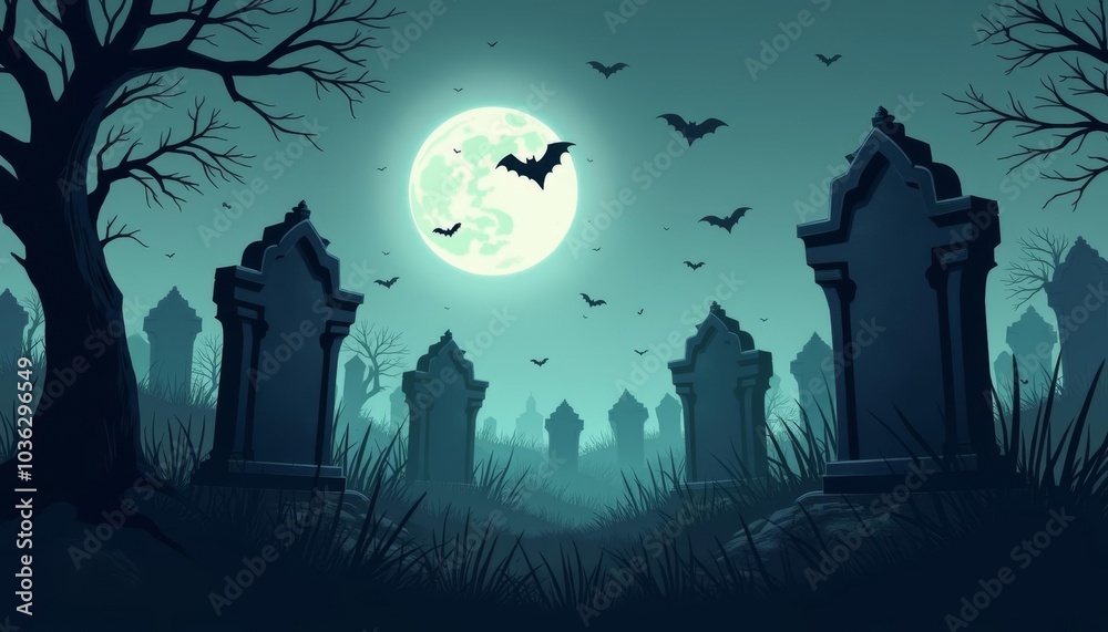 Fototapeta premium Eerie Halloween Cemetery at Night