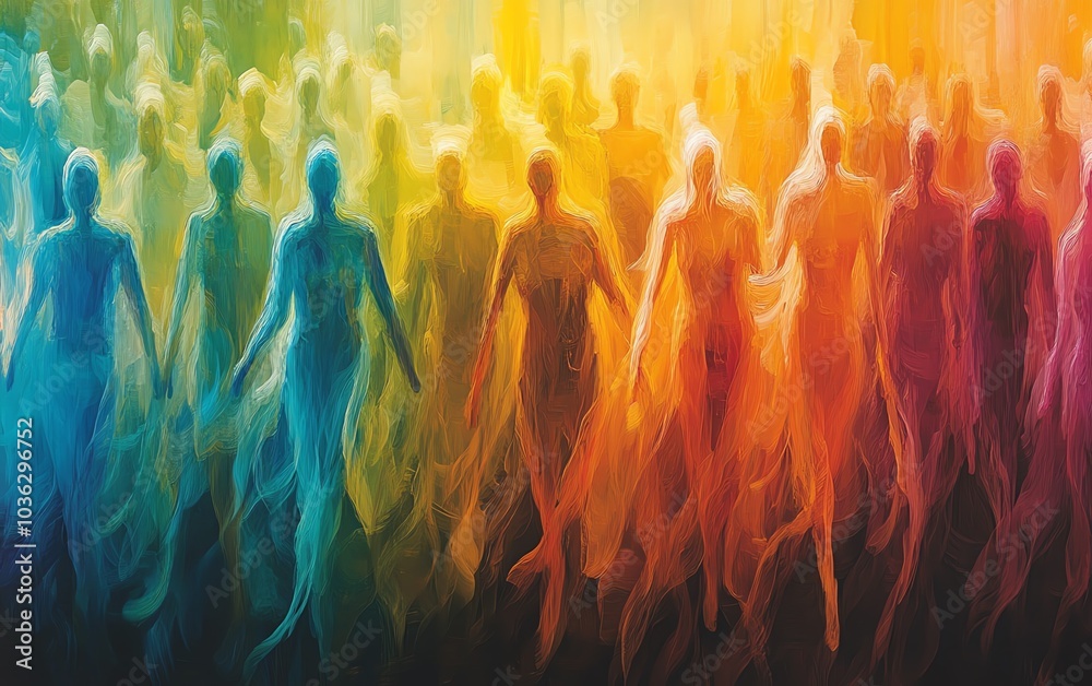 Dynamic representation of a diverse crowd with stylized human figures in motion, overlapping to create an abstract vision of unity and community in vivid colors Dynamic representation of a diverse crowd with stylized human figures in motion, overlapping to create an abstract vision of unity and community in vivid colors