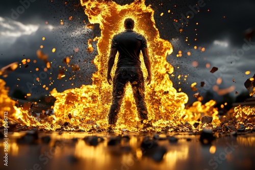 A hyper-realistic scene of a person standing tall in front of adversity, capturing the essence of courage and moral strength with intense detail