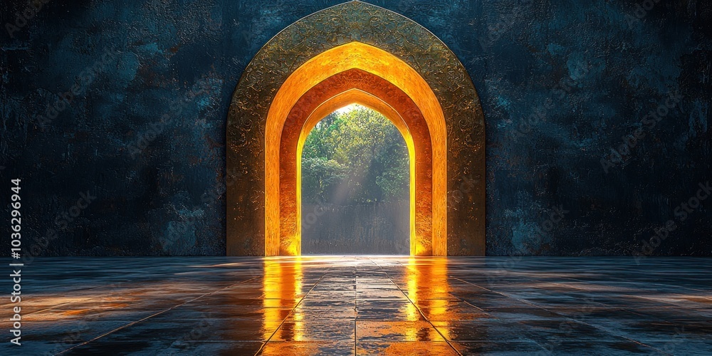 Fototapeta premium Golden Arches Leading to a Sunlit Forest Through a Dark Room