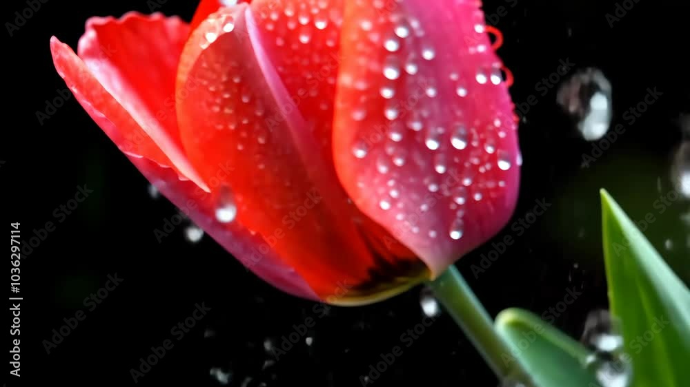 A single red tulip with water droplets on its petals stands out against a dark background A single red tulip with water droplets on its petals stands out against a dark background