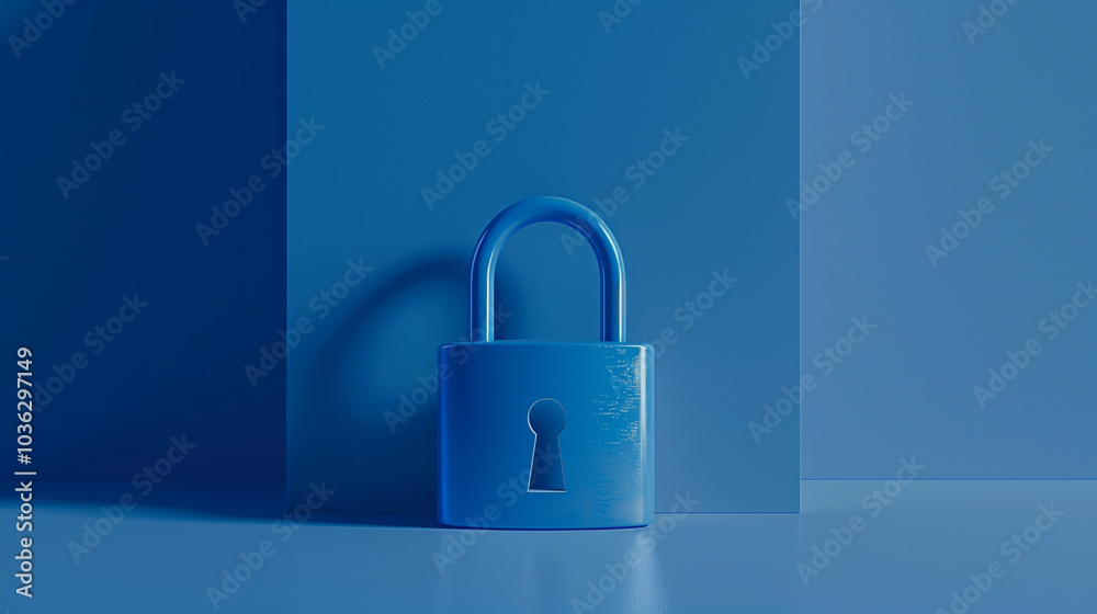 Fototapeta premium A sleek, blue metallic padlock sitting on a blue surface, representing digital security, encryption, and protection in a modern world