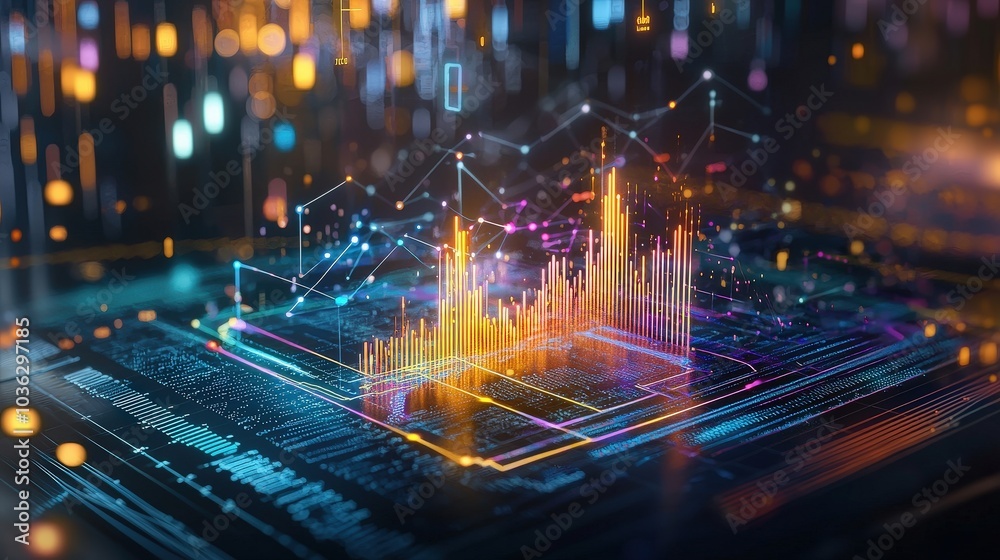 Fototapeta premium A vibrant data visualization emerging from a digital interface, featuring glowing graphics and dynamic charts, representing information analysis and technology.