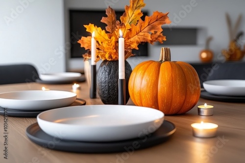 A minimalist Thanksgiving dinner table, set with simple white plates, a few candles, and a single pumpkin centerpiece photo