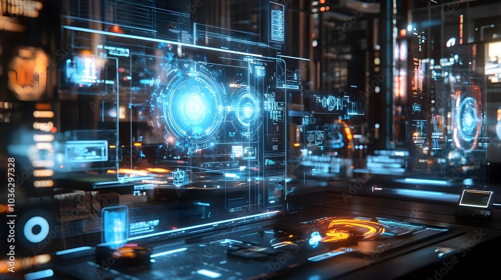A futuristic augmented reality fantasy scene with holographic 3D animations overlaying real-world objects A futuristic augmented reality fantasy scene with holographic 3D animations overlaying real-world objects