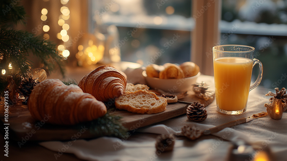 Festive New Year’s Eve breakfast spread with pastries, juice, and cozy decorations by the window Festive New Year’s Eve breakfast spread with pastries, juice, and cozy decorations by the window