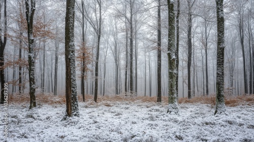 A quiet forest blanketed in fresh snow features tall, bare trees shrouded in thick fog. The landscape exudes a peaceful ambiance, inviting exploration and reflection during the winter season.