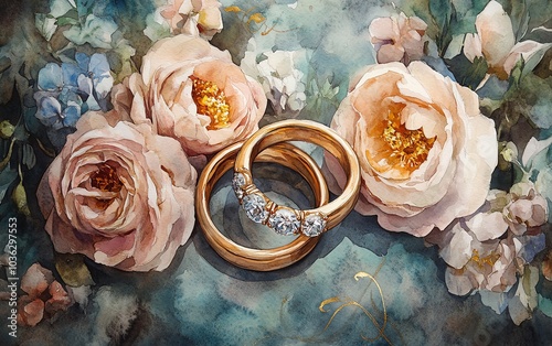 Charming watercolor depiction of intertwined wedding rings, featuring a blend of soft pastel hues and golden accents, set against a backdrop of romantic flowers photo