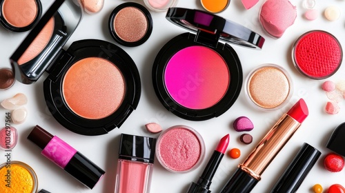 Vibrant Makeup Products Arrangement on a Table