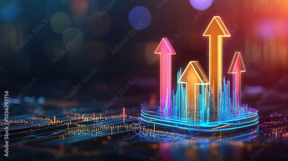 Vibrant arrows symbolize growth and progress in a digital landscape. Ideal for finance, marketing, and technology themes, this image embodies upward movement. Vibrant arrows symbolize growth and progress in a digital landscape. Ideal for finance, marketing, and technology themes, this image embodies upward movement.