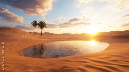 A tranquil desert scene featuring a reflective water pool surrounded by sandy dunes and palm trees under a vibrant sunset.