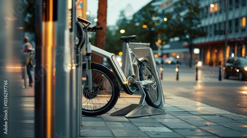 A futuristic electric bicycle charging at a sleek, modern bike station, with attention to the bike鈥檚 innovative design and the station鈥檚 high-tech features photo