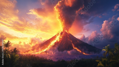 A majestic volcano erupts against a vibrant sunset, casting fiery lava and ash into the sky, creating a stunning natural spectacle.