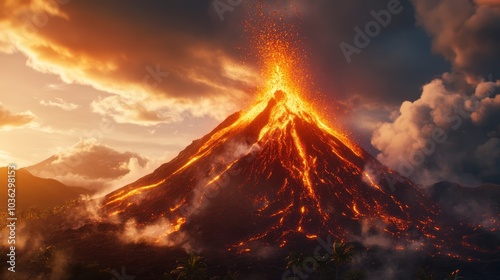 A majestic volcano erupts with lava and ash, silhouetted against a colorful sunset, showcasing the raw power of nature.