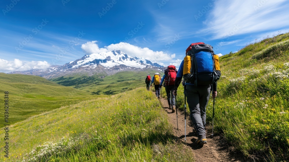 A group of hikers trek through lush green terrain, showcasing stunning mountain scenery under a clear blue sky. A group of hikers trek through lush green terrain, showcasing stunning mountain scenery under a clear blue sky.