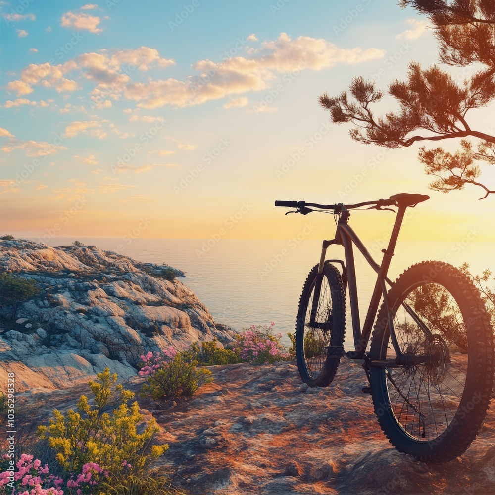 Fototapeta premium A striking mountain bike positioned against a breathtaking outdoor backdrop, showcasing the essence of adventure and outdoor sports. The vibrant scenery features lush greenery, rugged terrain