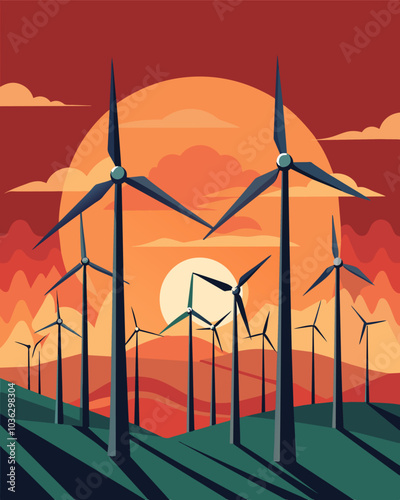 As the sun sets rows of idle wind turbines stand tall their blades still as the energy produced goes unused.. Vector illustration