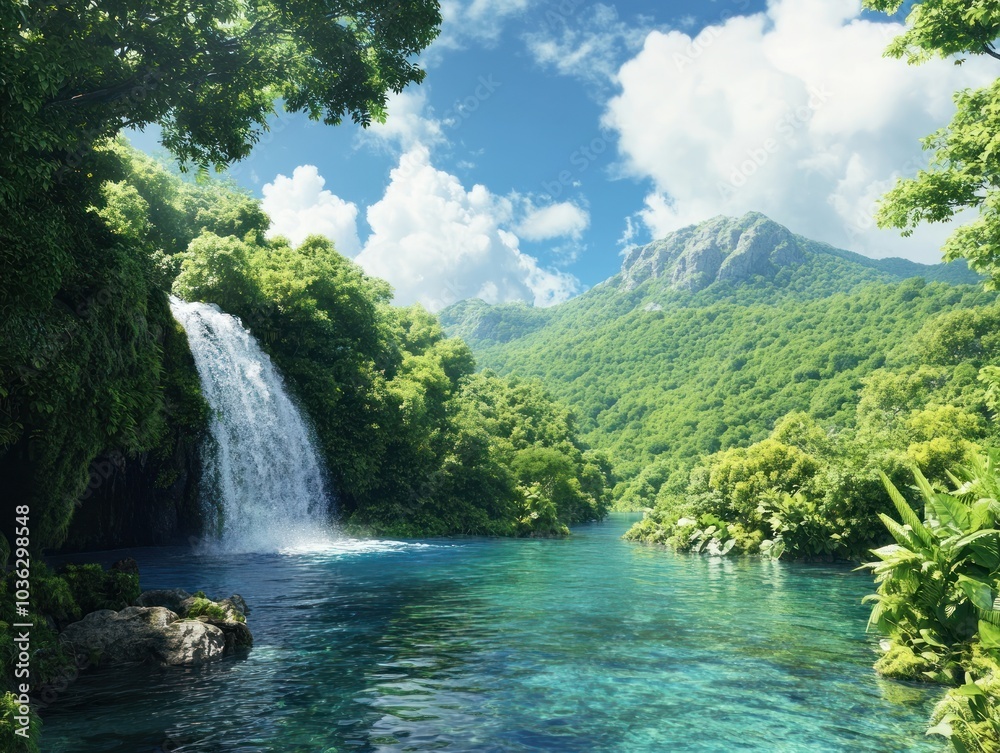 Fototapeta premium A lush tropical landscape featuring a cascading waterfall, clear blue water, vibrant greenery, and distant mountains under a bright sky.