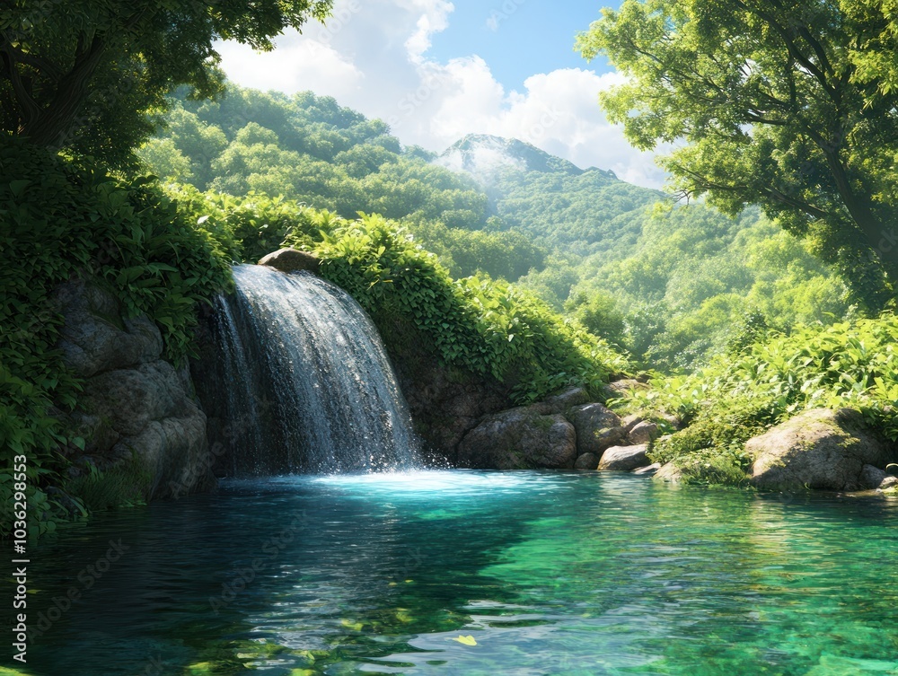 Fototapeta premium A serene waterfall cascades into a clear pool, surrounded by lush greenery and mountains under a bright blue sky.