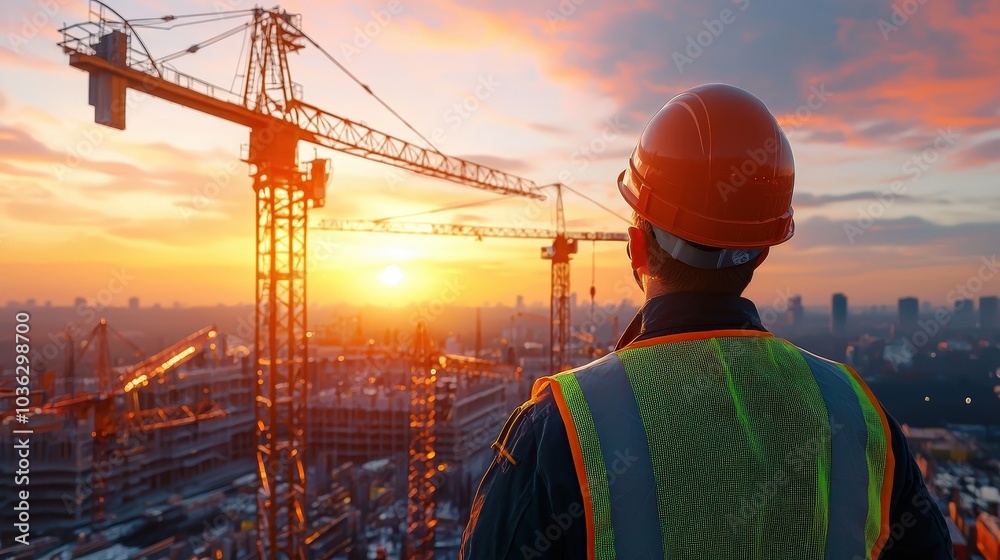 A construction worker observes the sunset over a bustling city skyline, surrounded by cranes. The image captures the essence of industry and progress. A construction worker observes the sunset over a bustling city skyline, surrounded by cranes. The image captures the essence of industry and progress.